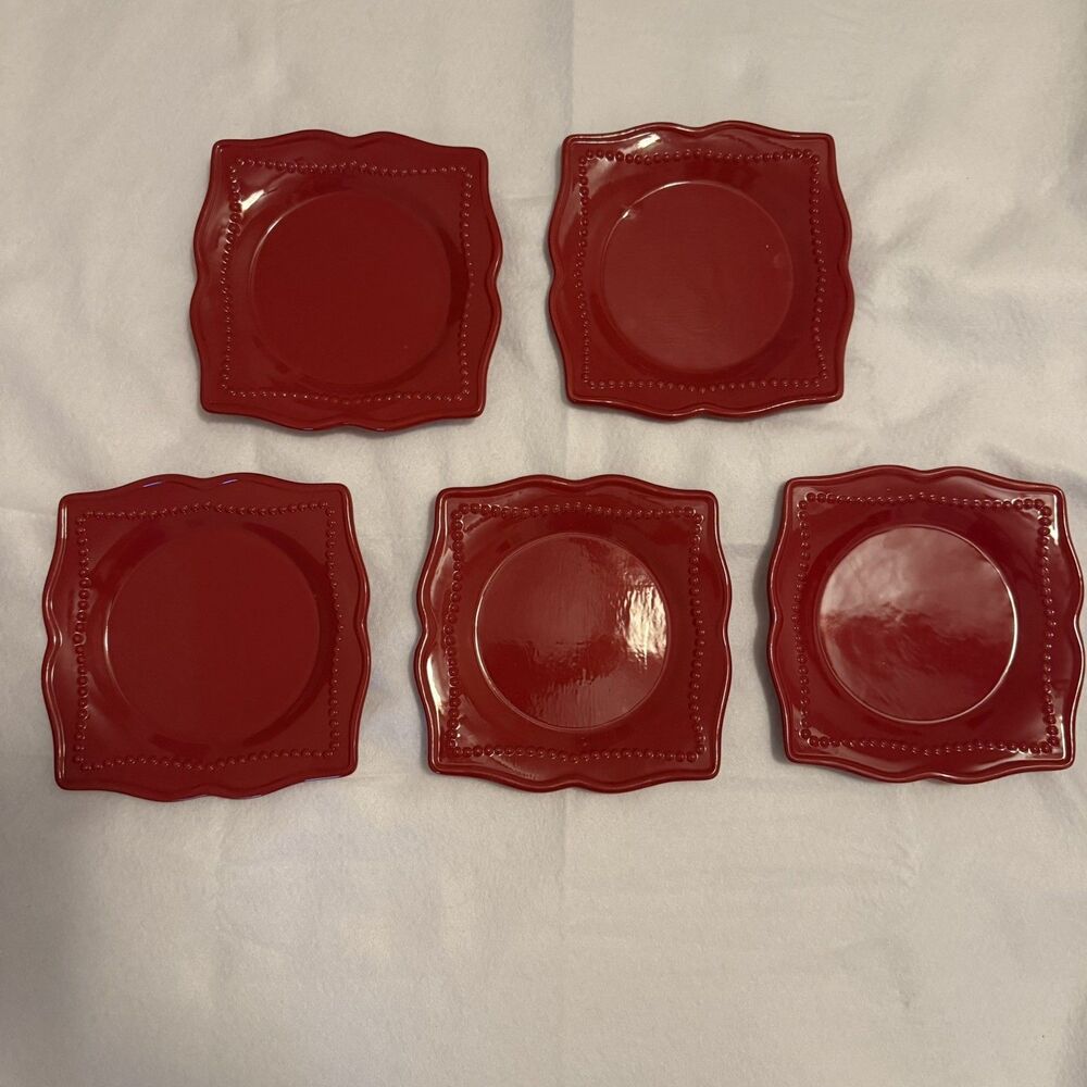 Princess House Pavillion Berry Red Square Salad Dessert Plates 8" Set of 5